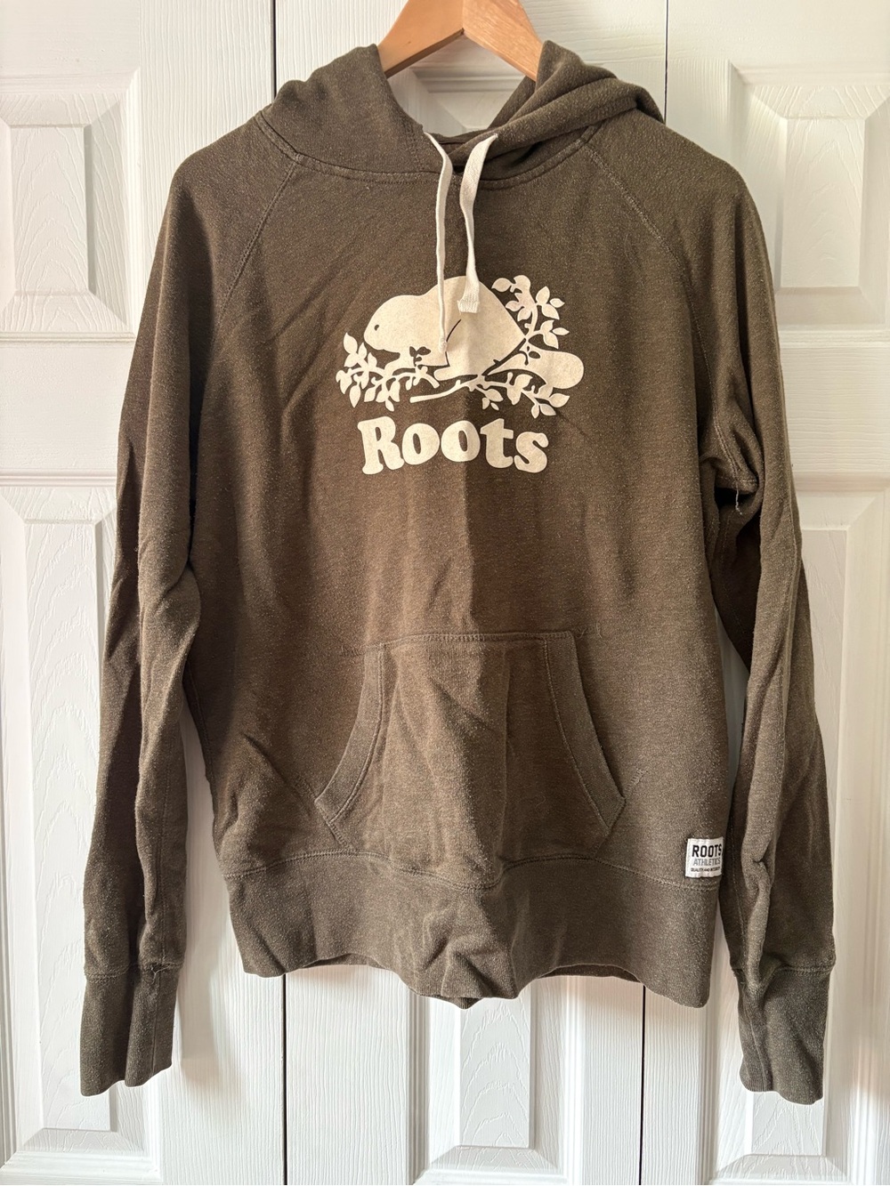 Roots Women's Olive Green Crewneck Hoodie with Cream Logo